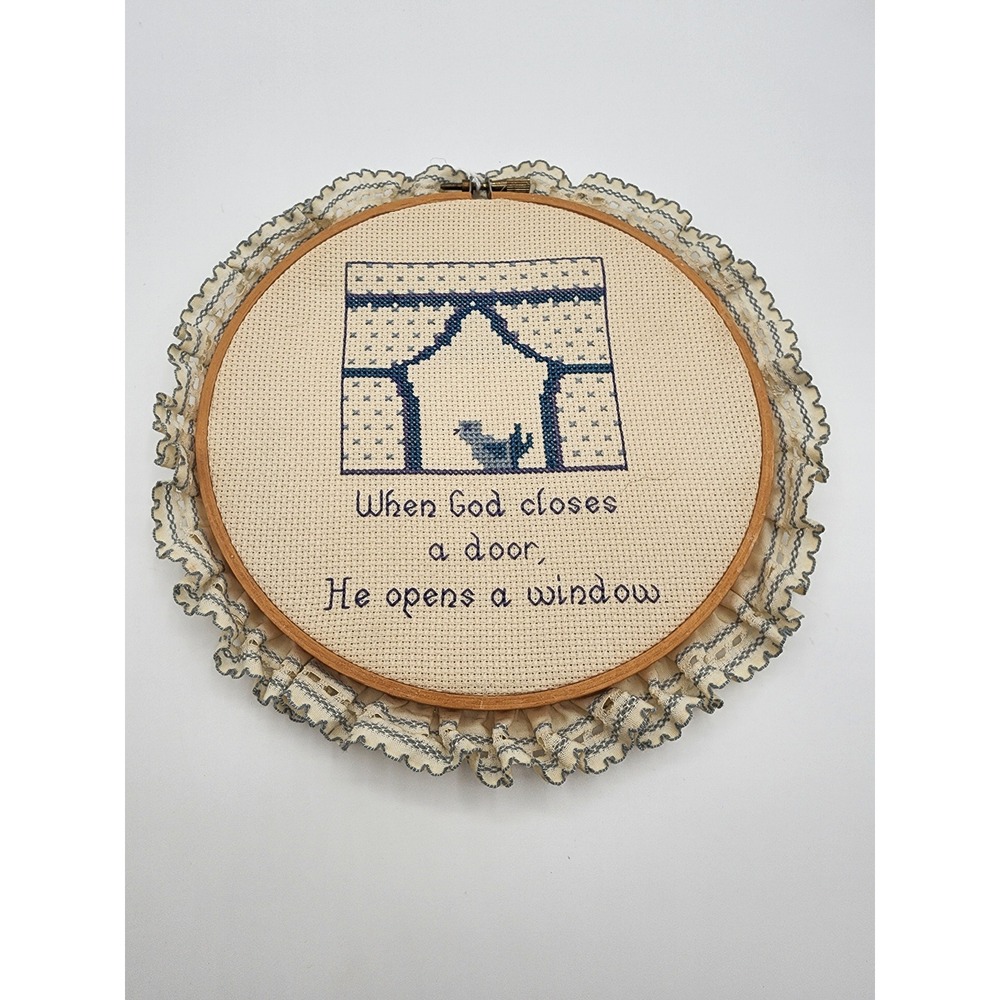 Vintage Cross Stitch‎ Embroidery Hoop Religious Wall Art Blue White Ruffle